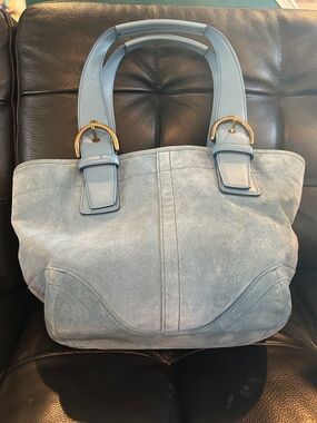 Vintage Coach Tote Bag in Light Blue Suede